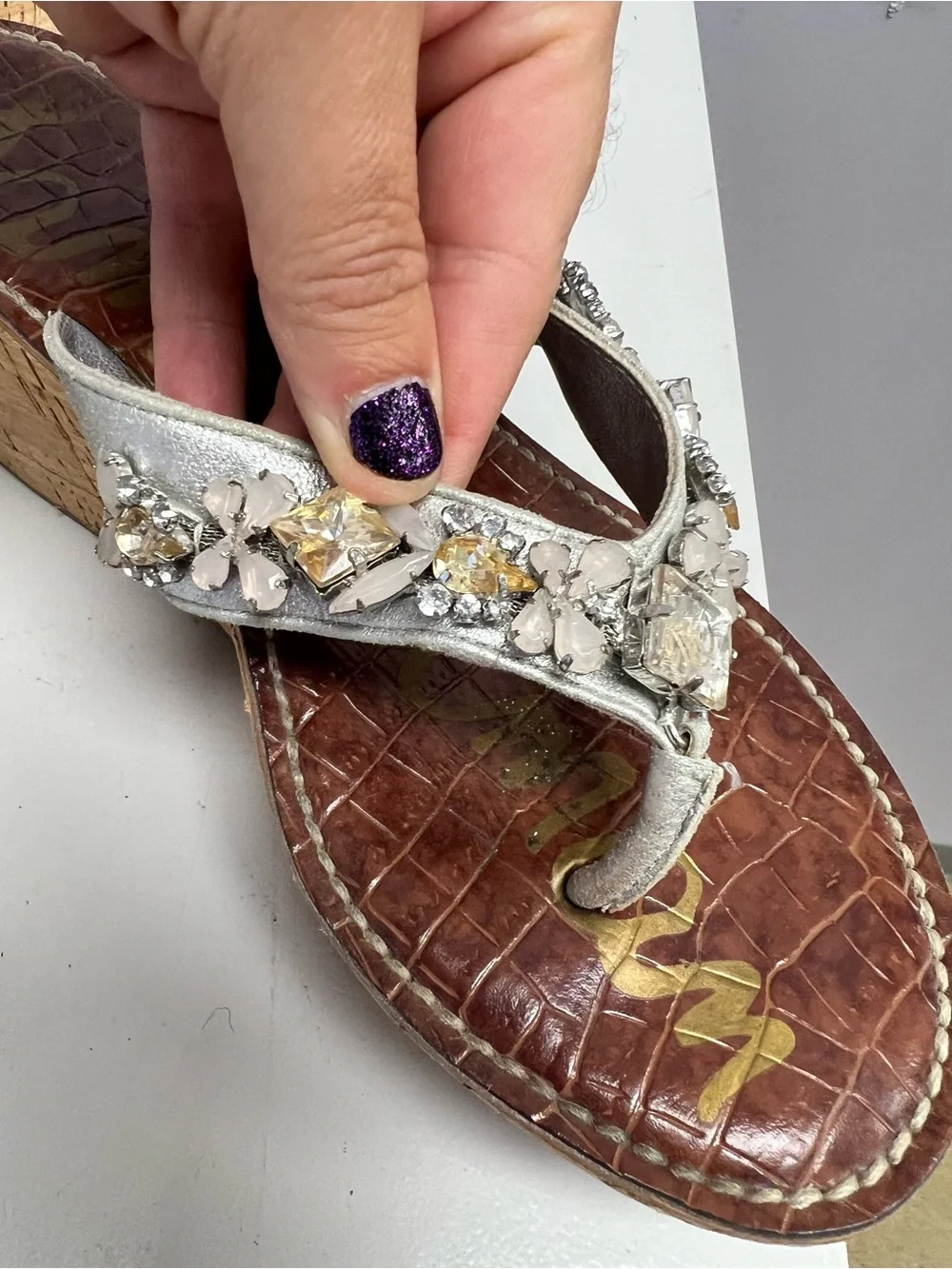Sam Edelman Silver Jeweled Cork Wedge Thong Sandals Women’s 7.5
